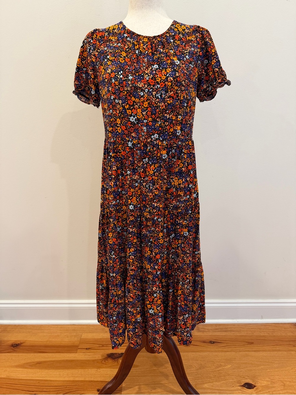 J Crew Dress Women Small Ditsy Floral Midi Ruffle Tiered Pockets Cottage Prairie